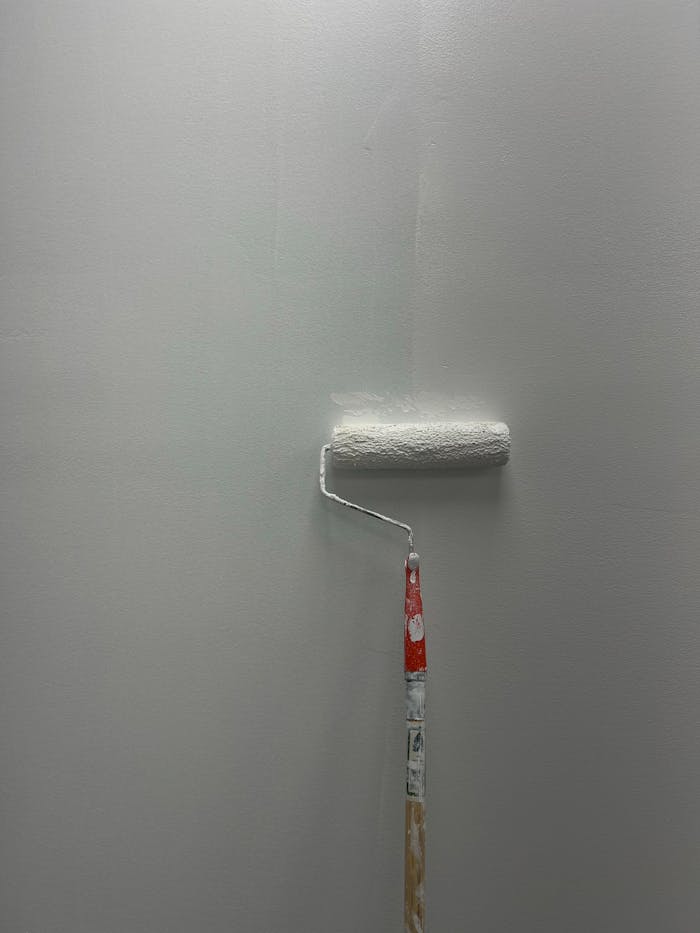 services-03 Close-up of a paint roller applying light gray paint to a wall. Simple and clean.